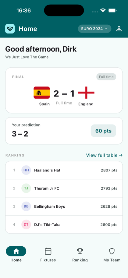 Die Koppa-App mit einem Spielergebnis, deinem Tipp und der Rangliste